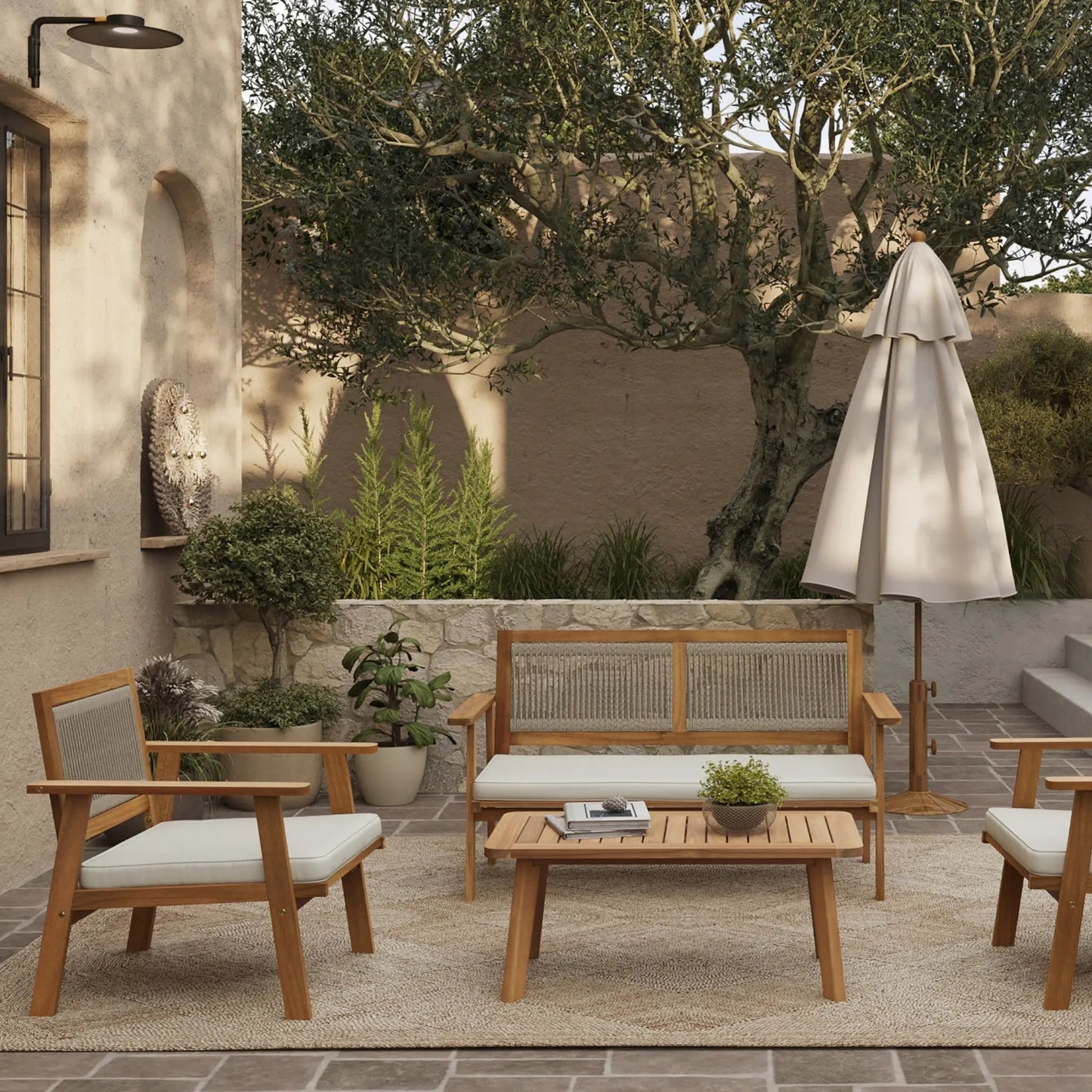 RetailsSup 4-Piece Outdoor Patio Seating Set – Acacia Wood Frame, Rope Backrests, Loveseat, 2 Armchairs, Coffee Table