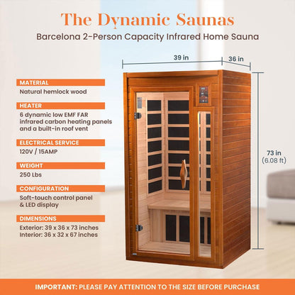 Retails- Dynamic Barcelona Elite 1-2-person Ultra Low EMF FAR Infrared Sauna - DYN-6106-01 Elite